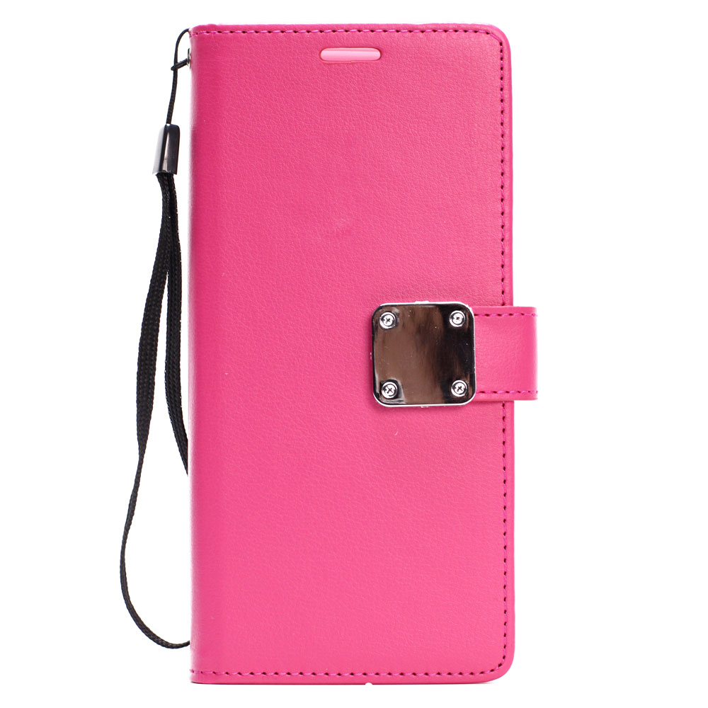 iPhone SE 2020 / 8 / 7 Multi Pockets Folio Flip LEATHER Wallet Case with Strap (Hot Pink)